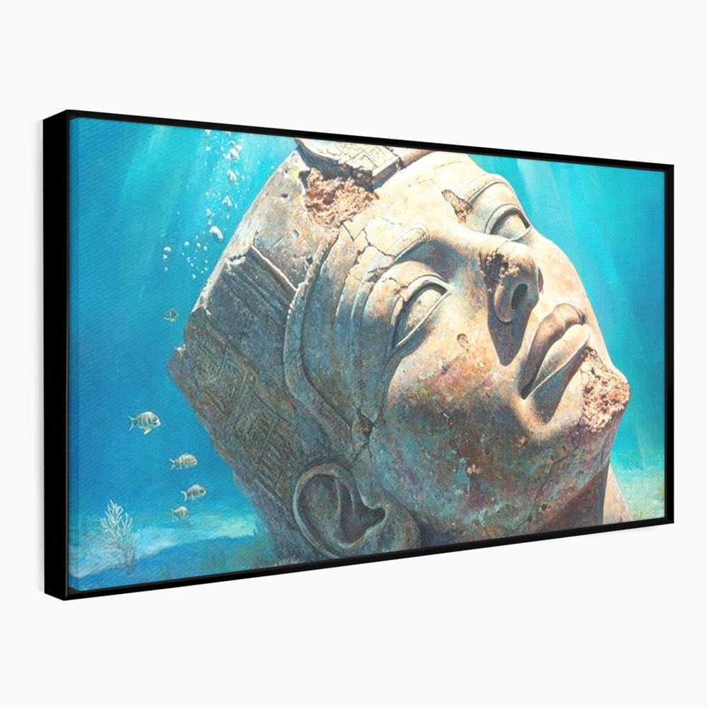Tablou canvas cu cap de statuie faraonica scufundat, in rama de aluminiu negru